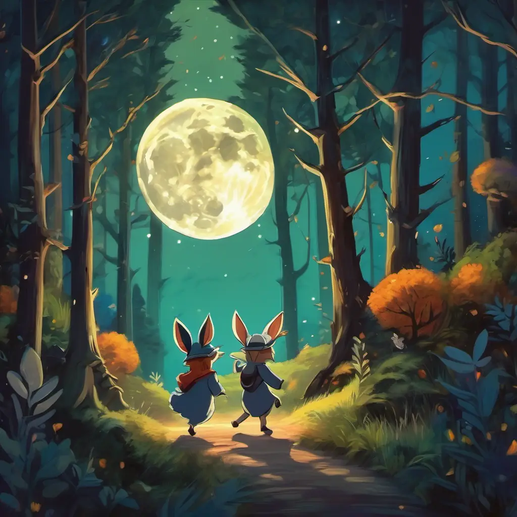 A spooky forest with tall trees and a moonlit sky, animals wearing costumes and dancing