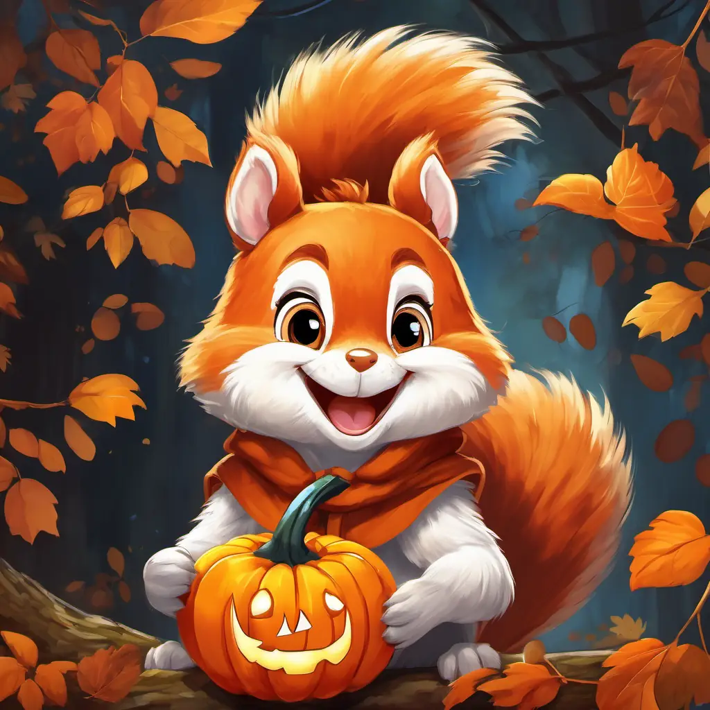 Sally, a squirrel with orange fur and a big smile, wearing a pumpkin costume