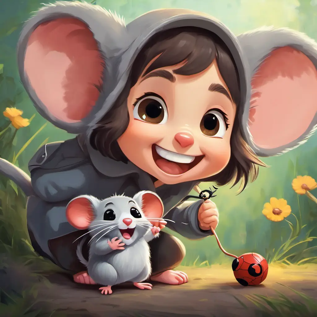 Mandy, a small mouse with gray fur and mischievous eyes, laughing and holding a toy spider