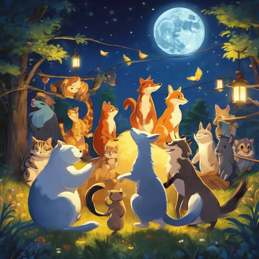 All the animals smiling and dancing together under the moonlight