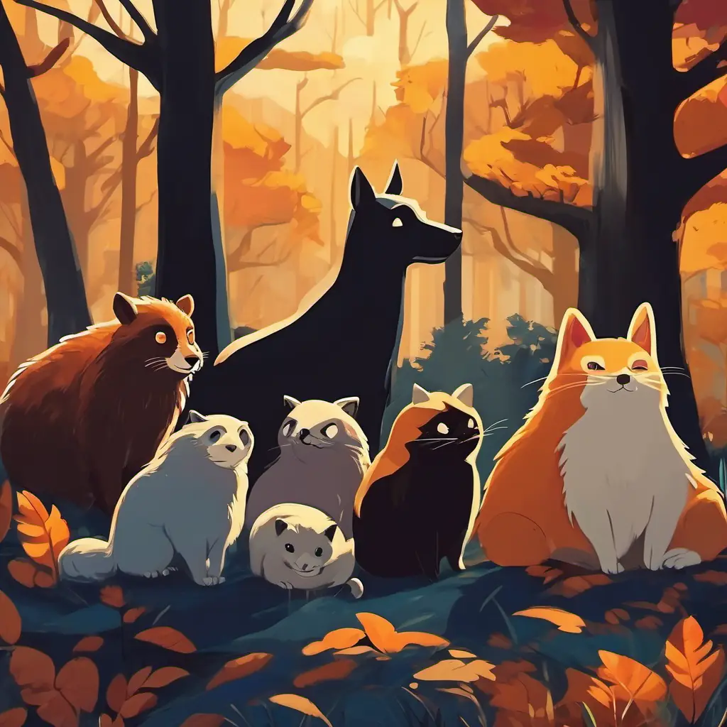 The animals hugging and laughing, with the spooky shadow joining their group