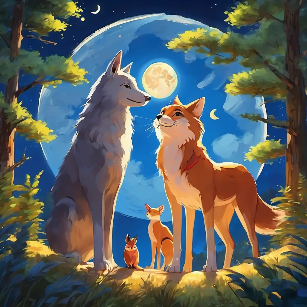 The animals standing in a circle, looking at the moon and smiling