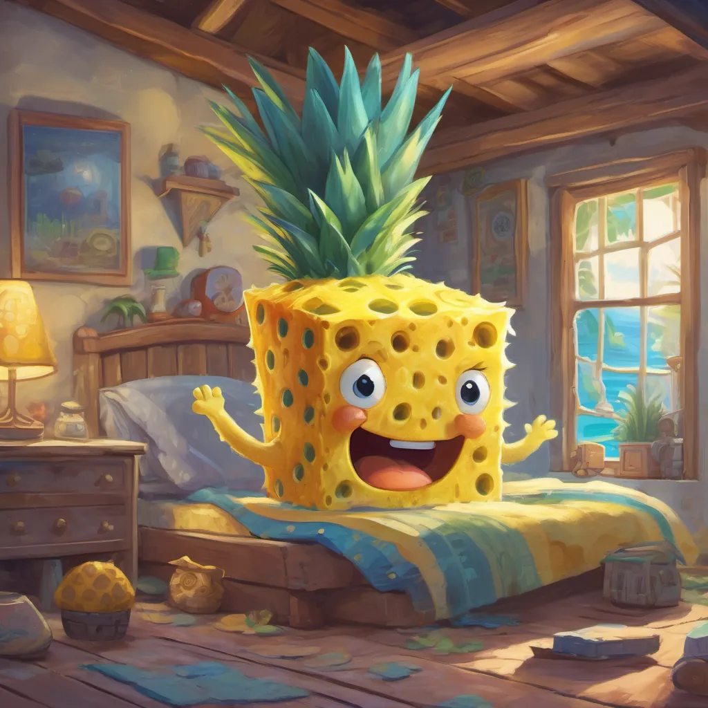 Yellow sponge wearing square pants, very expressive, in his pineapple house or exploring under the sea on tiptoes, trembling, peeking under his bed with a scared expression.