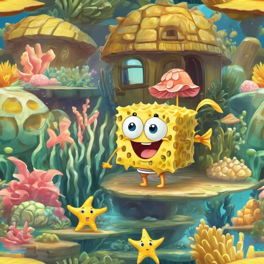 Yellow sponge wearing square pants, very expressive, in his pineapple house or exploring under the sea and Rosy, happy starfish often seen goofing off or attempting pranks, also expressive waving goodnight to the reader with a serene and cozy underwater scene.