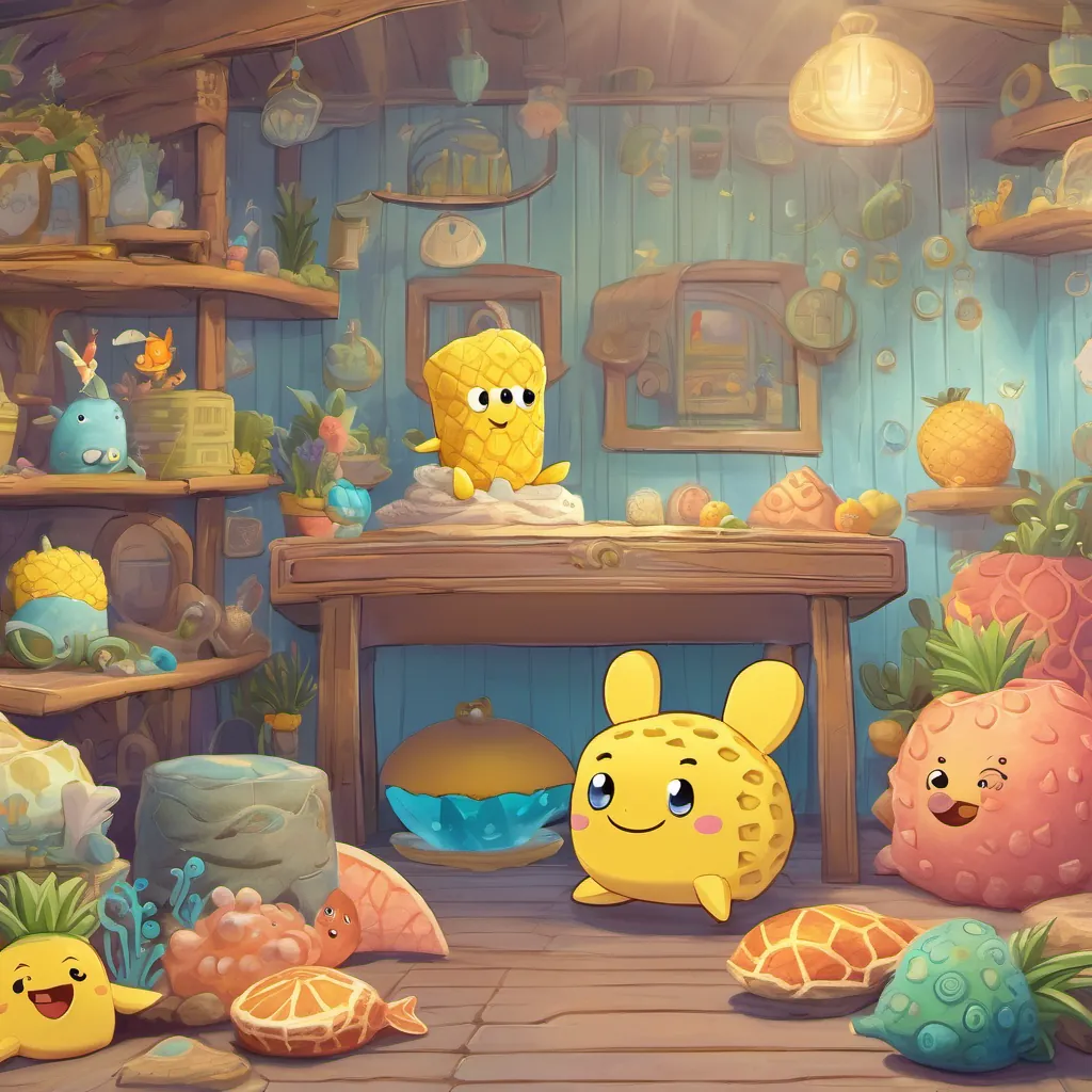 Final cozy scene with Yellow sponge wearing square pants, very expressive, in his pineapple house or exploring under the sea, Rosy, happy starfish often seen goofing off or attempting pranks, also expressive, and their sea friends settled peacefully, wishing the readers goodnight.