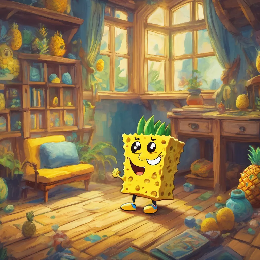 Yellow sponge wearing square pants, very expressive, in his pineapple house or exploring under the sea jumping high in his room as he hears a bang, shocked expression on his face.