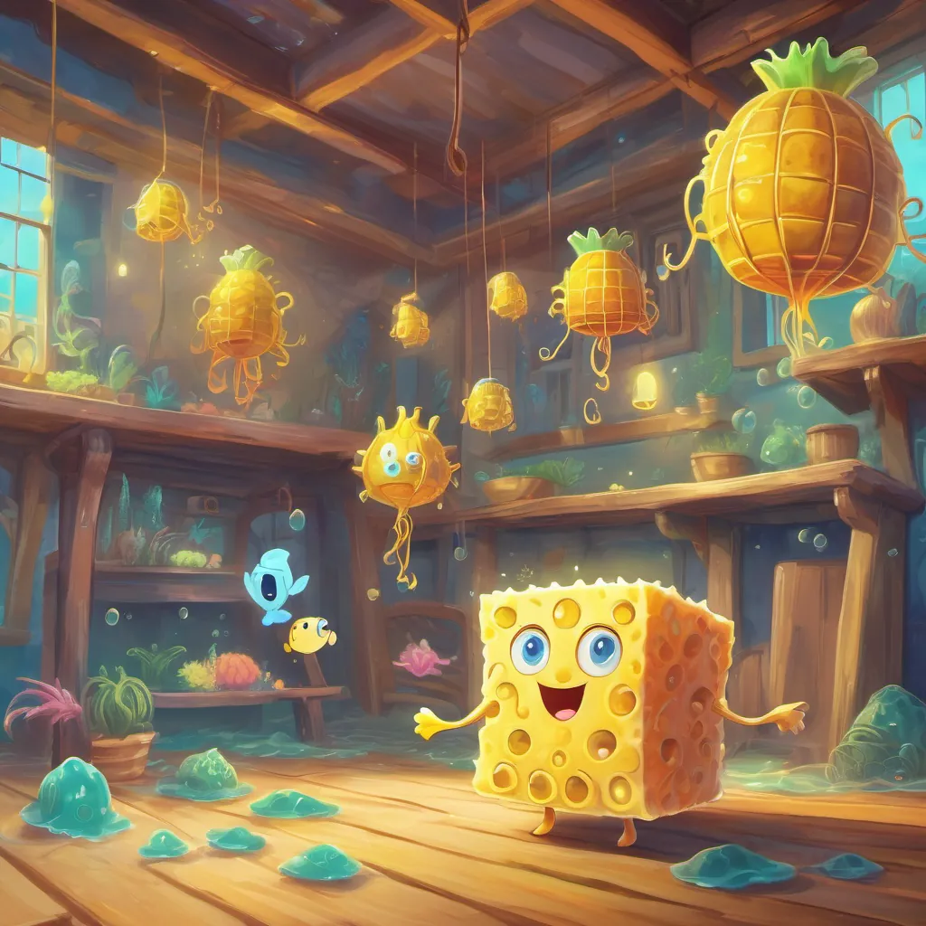 Yellow sponge wearing square pants, very expressive, in his pineapple house or exploring under the sea realizing the 'ghost' is actually a glowing jellyfish, feeling relieved and amused.