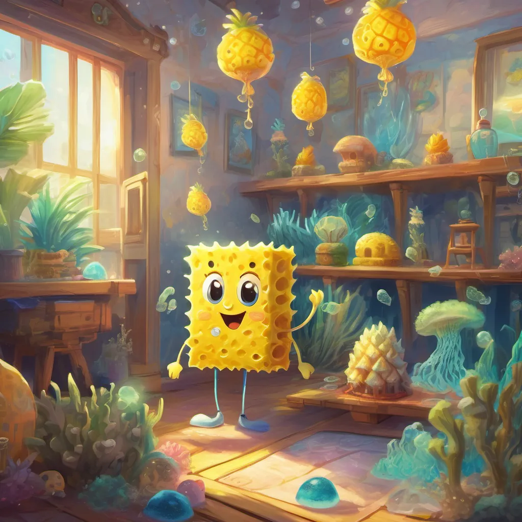 Yellow sponge wearing square pants, very expressive, in his pineapple house or exploring under the sea laughing heartily beside a sparkling jellyfish in his room.