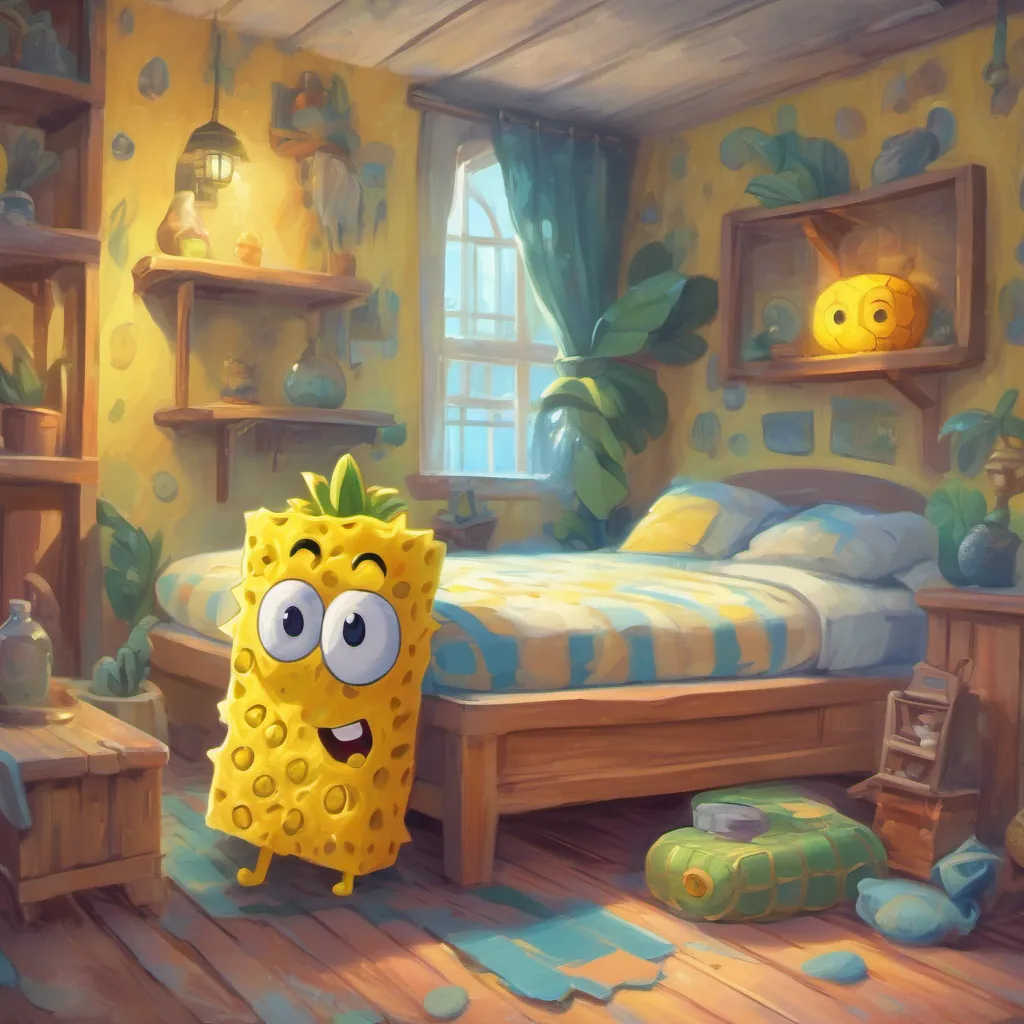 Yellow sponge wearing square pants, very expressive, in his pineapple house or exploring under the sea in bed again, looking scared as he hears another loud noise.