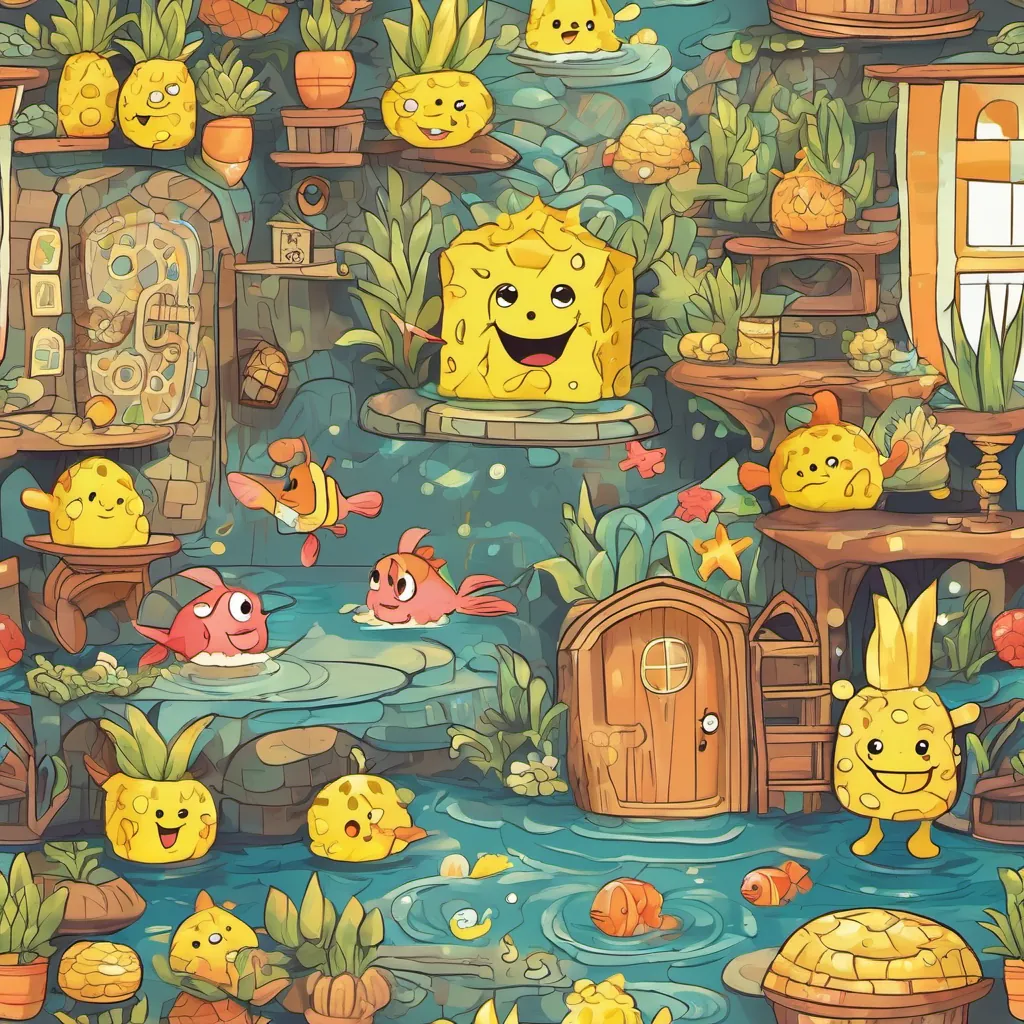 The door of Yellow sponge wearing square pants, very expressive, in his pineapple house or exploring under the sea's room swings open and Rosy, happy starfish often seen goofing off or attempting pranks, also expressive enters cheerfully, while Yellow sponge wearing square pants, very expressive, in his pineapple house or exploring under the sea hides in fear.