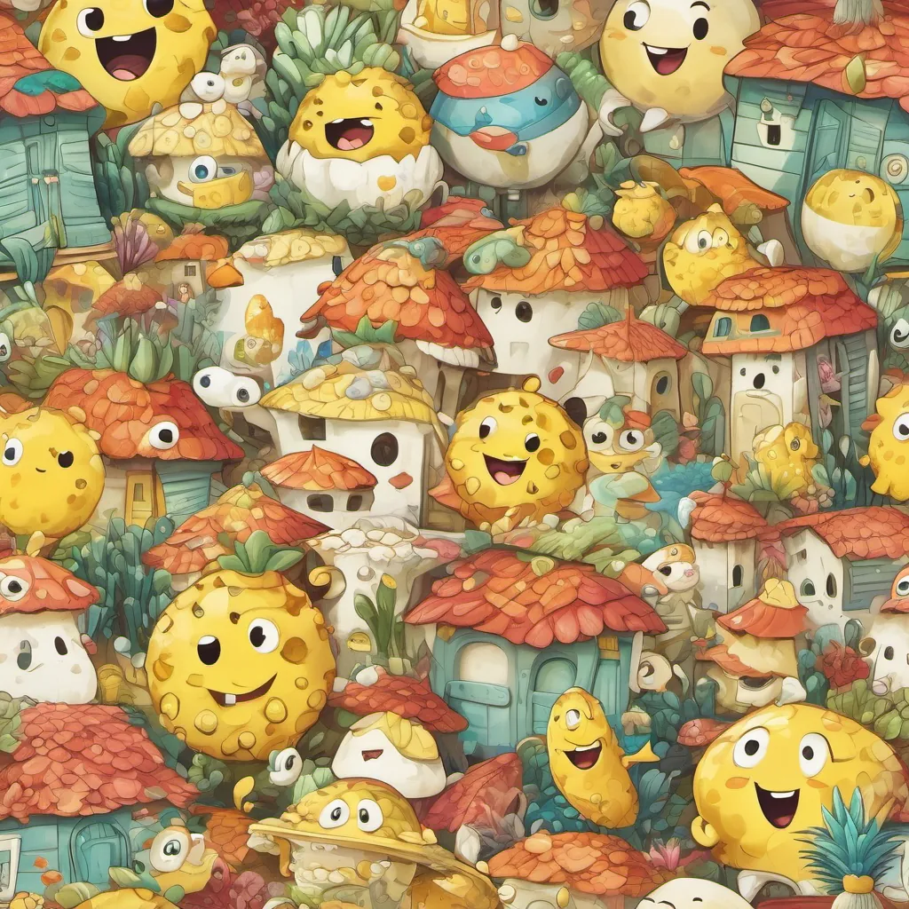 Rosy, happy starfish often seen goofing off or attempting pranks, also expressive dressed in a white sheet, pretending to be a ghost. Yellow sponge wearing square pants, very expressive, in his pineapple house or exploring under the sea is laughing at his friend's prank.