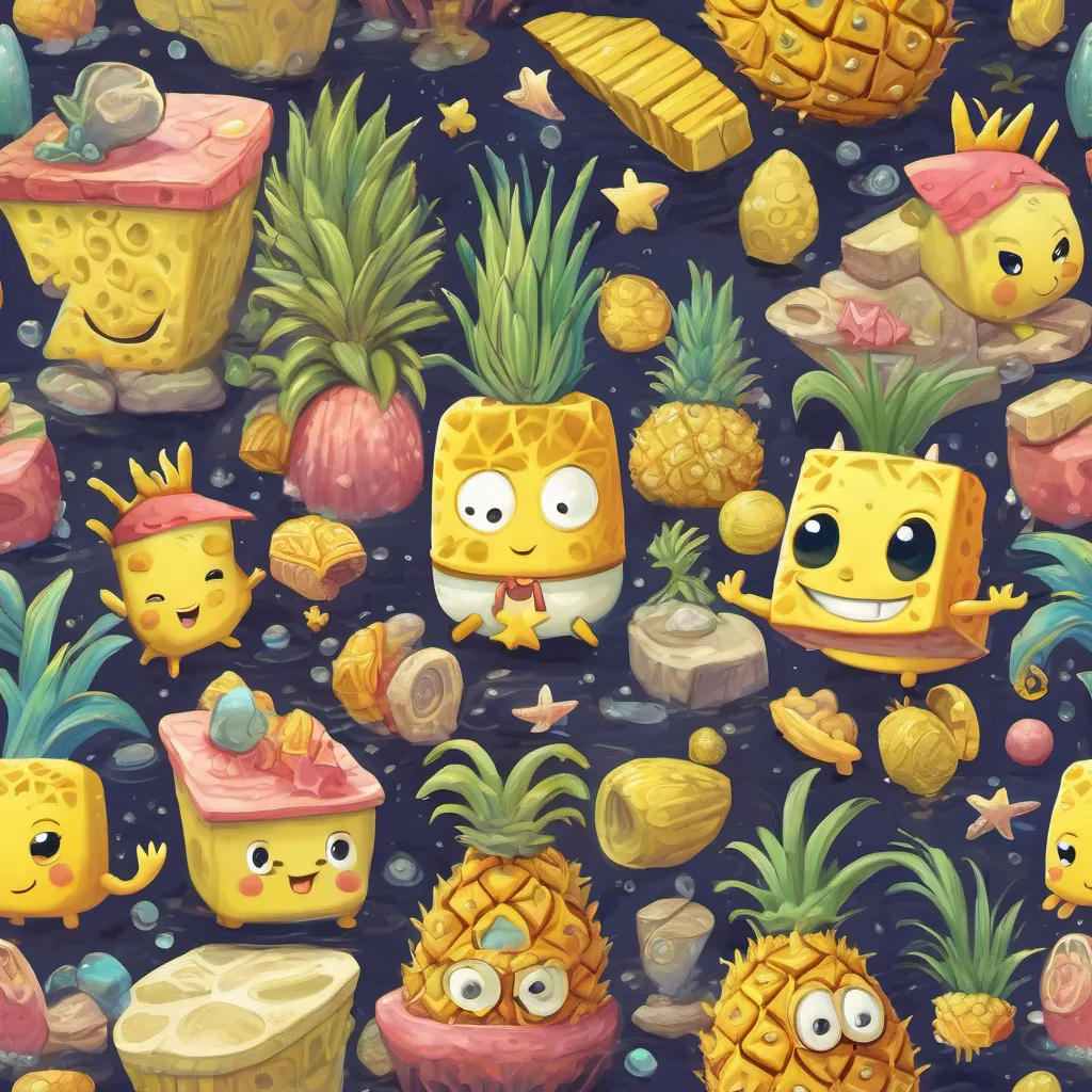 Yellow sponge wearing square pants, very expressive, in his pineapple house or exploring under the sea and Rosy, happy starfish often seen goofing off or attempting pranks, also expressive laughing and playing together, sharing stories, bathed in moonlight.