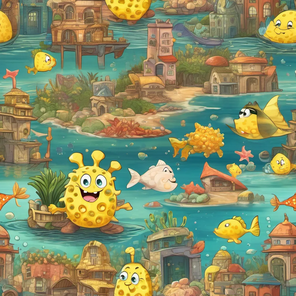 Yellow sponge wearing square pants, very expressive, in his pineapple house or exploring under the sea and Rosy, happy starfish often seen goofing off or attempting pranks, also expressive with other sea friends laughing and enjoying under the sea with a beautiful city skyline in the background.