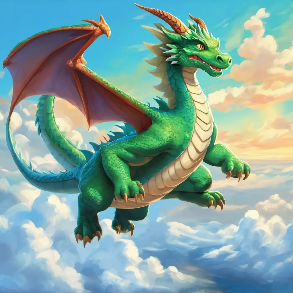 Friendly dragon with green skin and big blue eyes the dragon flying in the blue sky with fluffy white clouds.