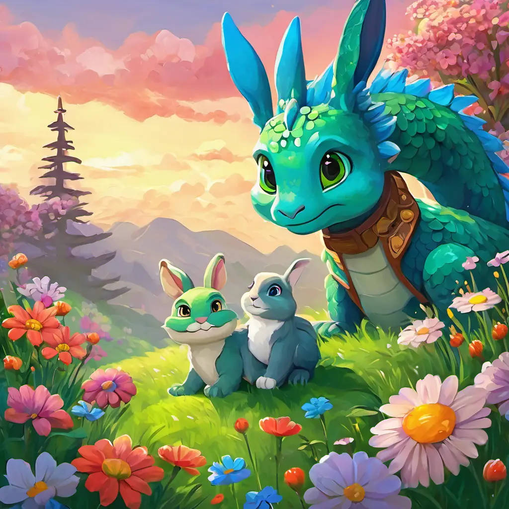 Friendly dragon with green skin and big blue eyes and a cute bunny in a meadow surrounded by colorful flowers.