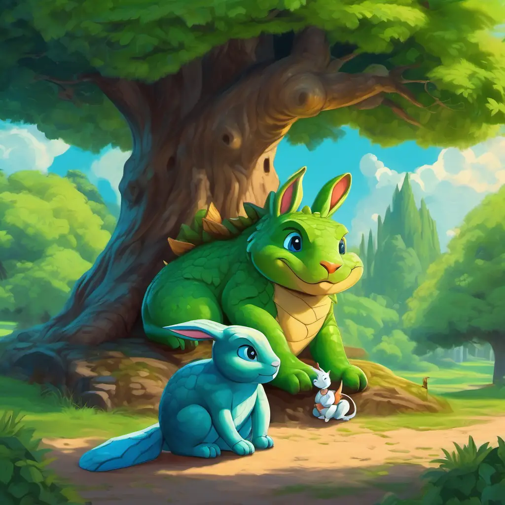 Friendly dragon with green skin and big blue eyes and the bunny sitting under a shady tree, thinking about math problems.