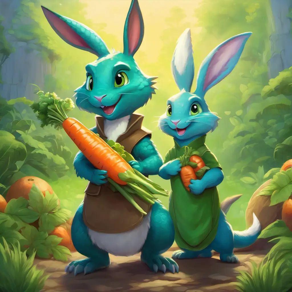 Friendly dragon with green skin and big blue eyes and the bunny holding their carrots, ready to add them together.