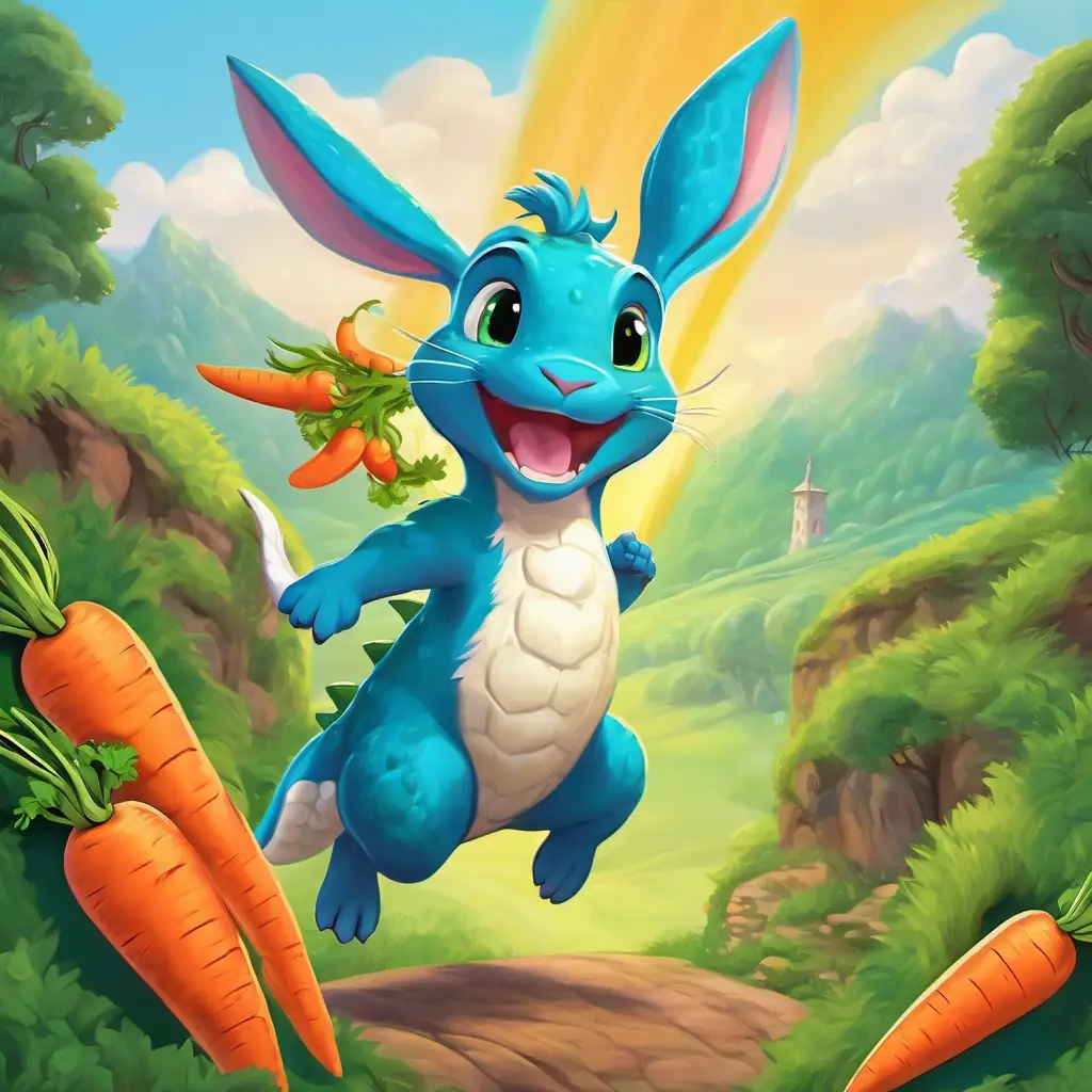 Friendly dragon with green skin and big blue eyes and the bunny jumping with joy, surrounded by 3 colorful carrots.