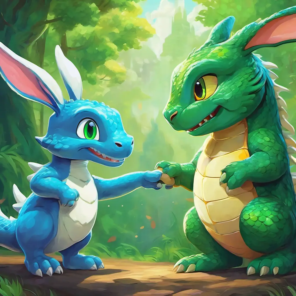 Friendly dragon with green skin and big blue eyes and the bunny shaking hands with smiles on their faces.