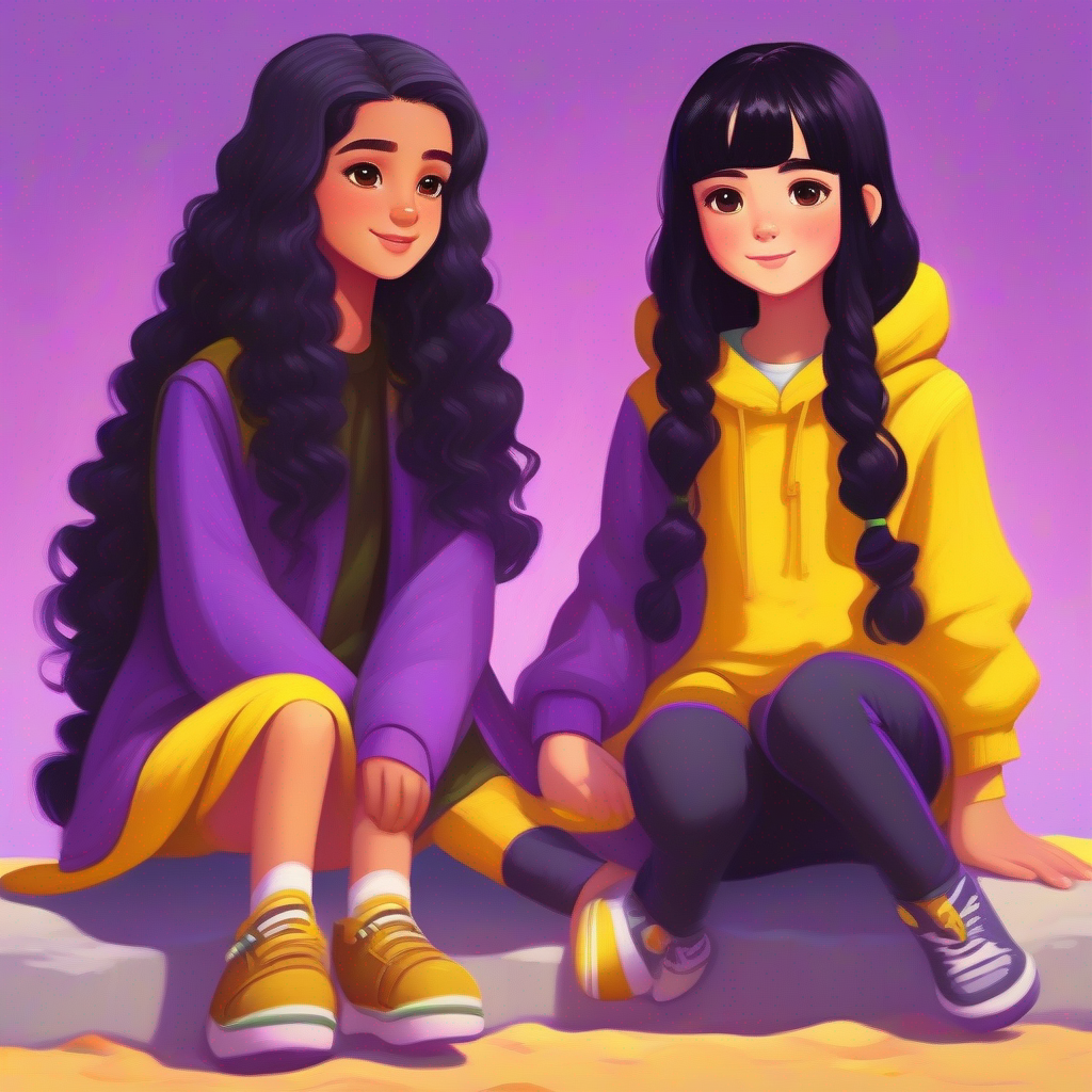 Sajda with long curly brown hair, Kenda with short straight black hair, dressed in yellow and purple, best friends