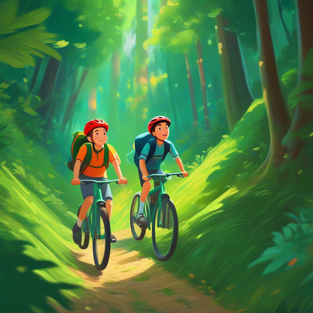 Encountering obstacles while cycling through the forest, supporting each other