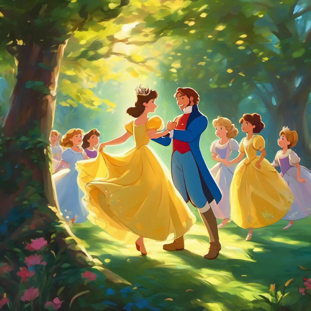 Hidden behind a tree, Leo saw the princesses joyfully dancing with twelve charming princes.