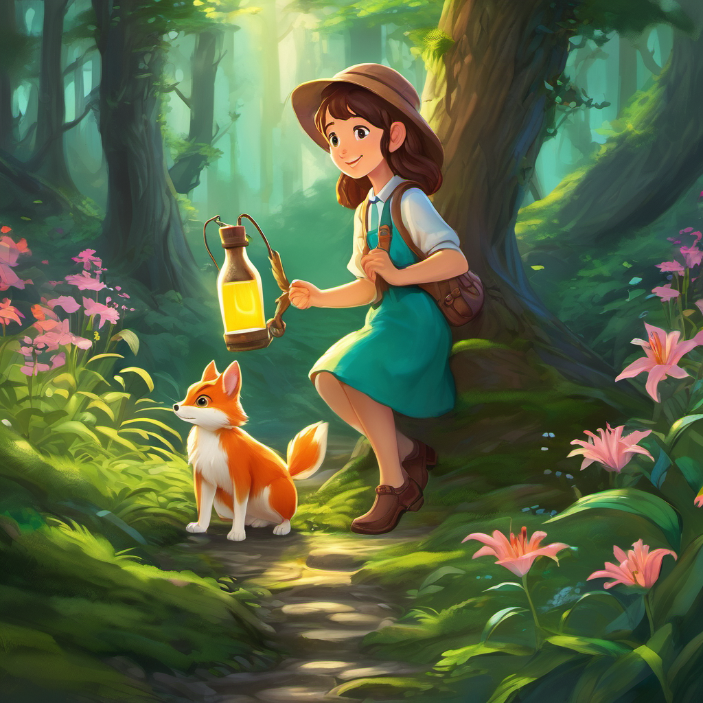 Lily, determined to help her furry friends, embarked on a quest to find the magical milk bottle. She ventured through dark and mysterious paths. Along the way, she met talking squirrels, singing birds, and even a clever fox who gave her directions to the bottle. Squeezing her way between the towering trees, Lily finally reached a hidden glade. There, amidst the moss-covered rocks and glistening flowers, stood the long-lost magical milk bottle.