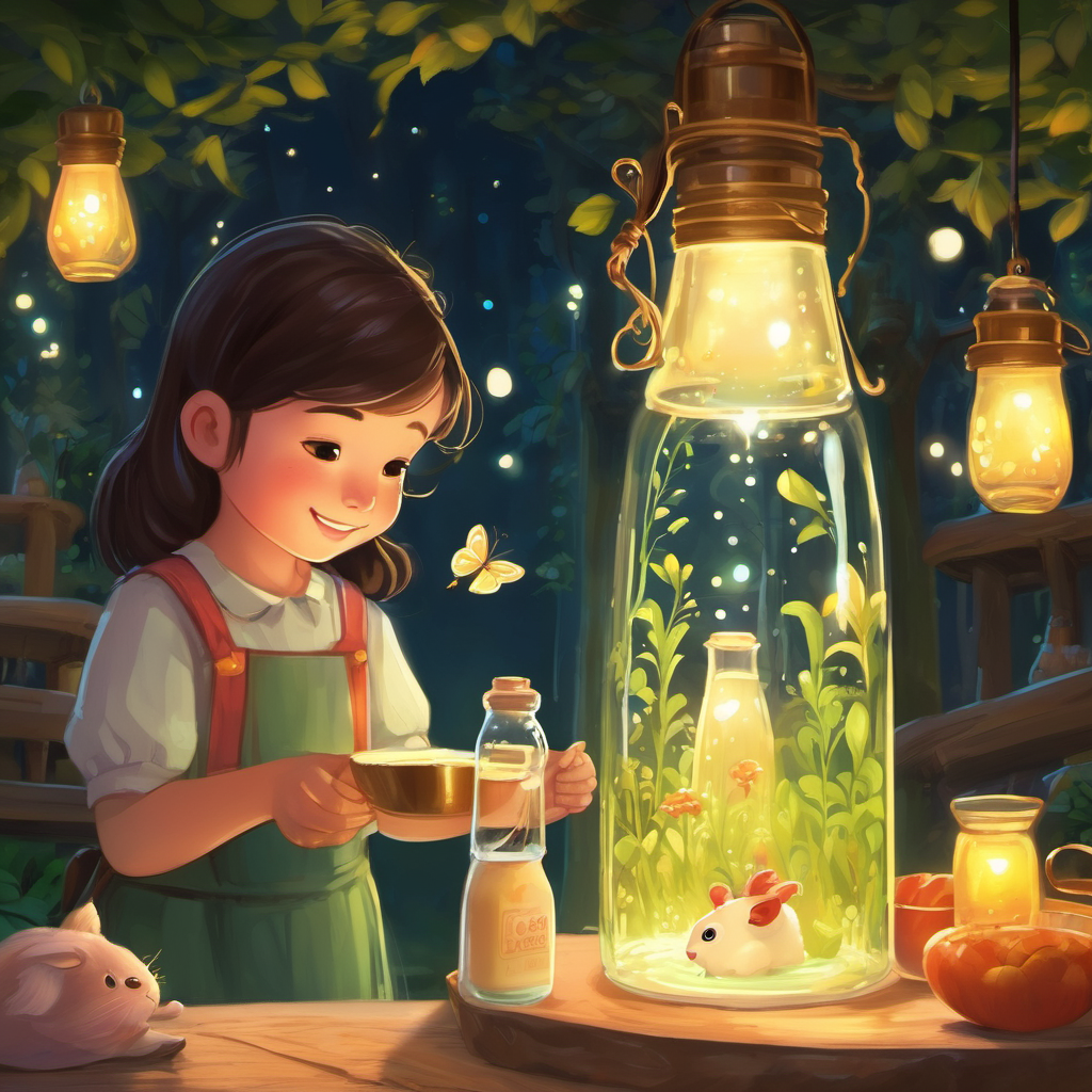 As Lily carefully picked up the bottle, it began to glow and a warm light filled the entire glade. With joy in her heart, she carefully poured the milk into thimble-sized cups for each animal. Instantly, they became stronger and healthier than ever before. It was said that the magical milk bottle could grant one wish to the person who used it with a pure heart and pure intentions. And so, Ethan, tonight you get the chance to make a wish," finished Grandma.