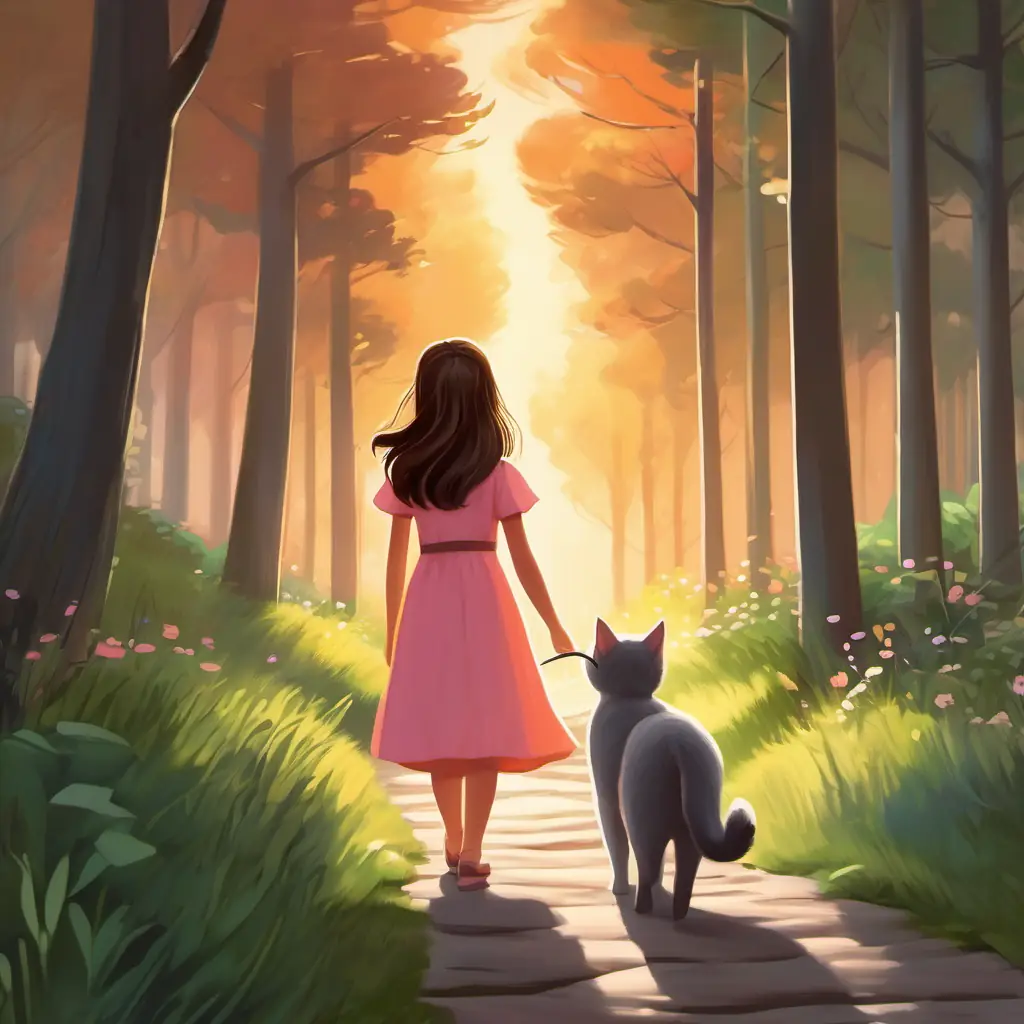 The little girl, Curious girl, long brown hair, bright eyes, pink dress, happy, and her gray furry cat, Gray furry cat, soft green eyes, purring and playful, are walking hand in hand on a path leading into the forest. The sun is setting, creating a warm orange glow on the trees around them.