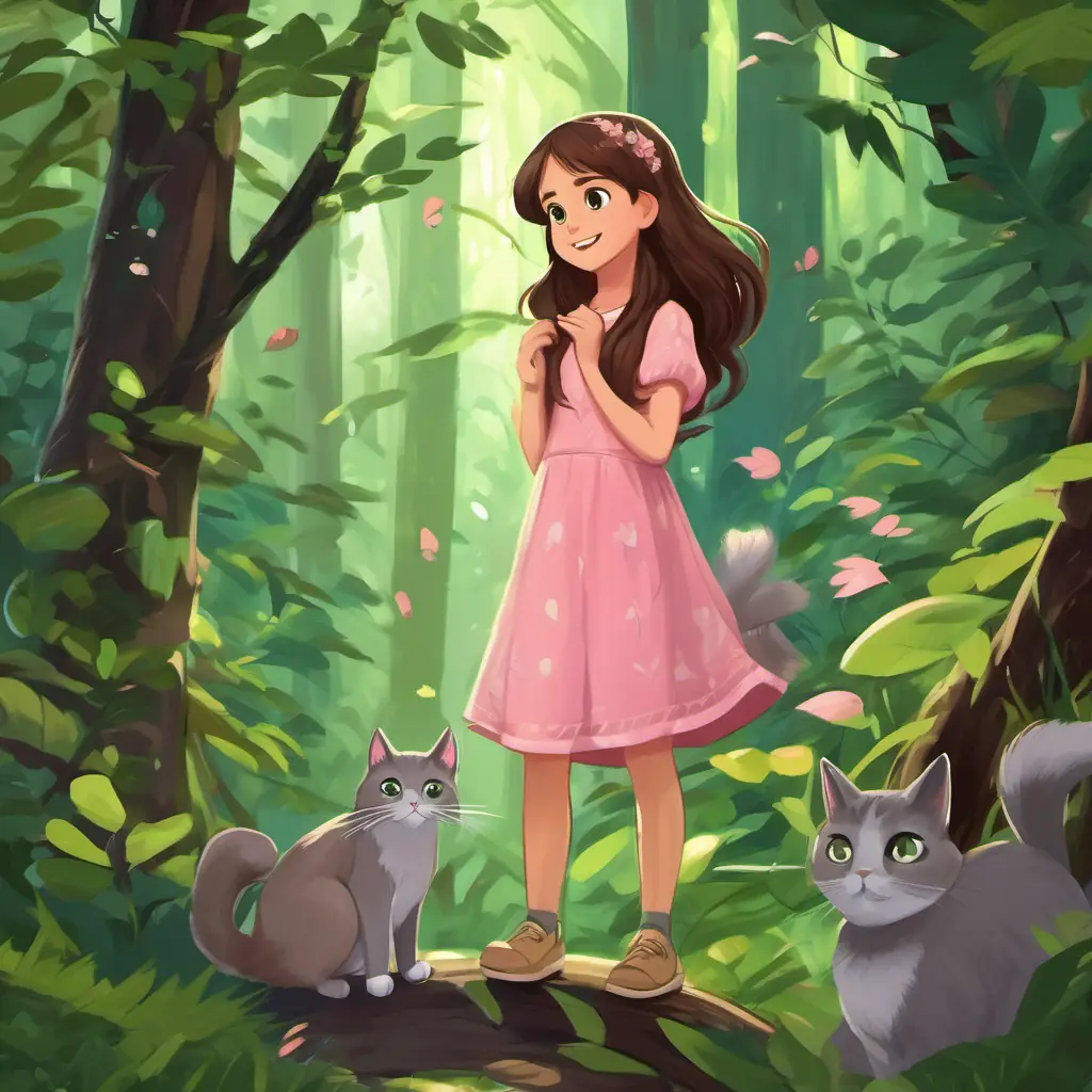 Curious girl, long brown hair, bright eyes, pink dress, happy and Gray furry cat, soft green eyes, purring and playful step into the forest, and they hear the twigs snapping under their feet. The leaves rustle as little creatures play games in the trees above them.