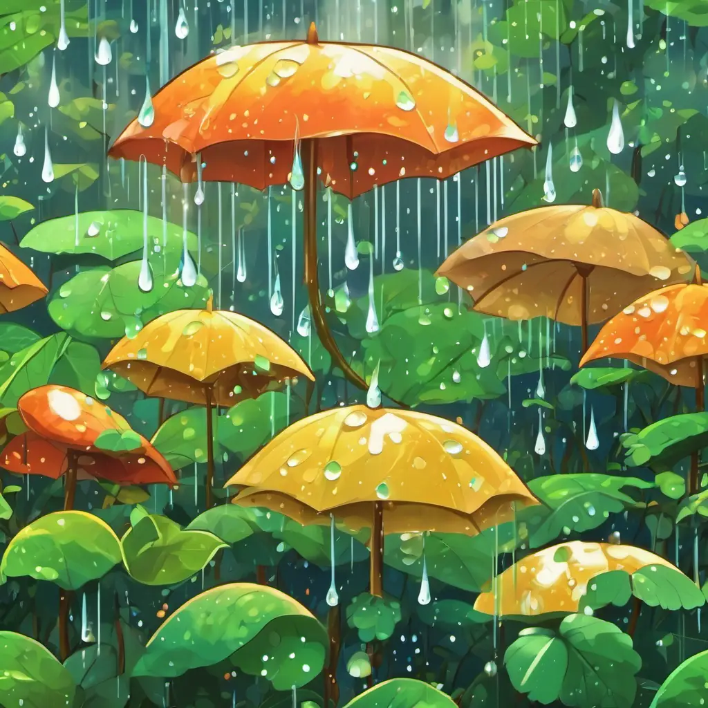 Suddenly a little rain cloud appears and starts to sprinkle tiny drops of water on them. The sound of rain makes a plip-plop noise as it falls on the leaves and the ground.