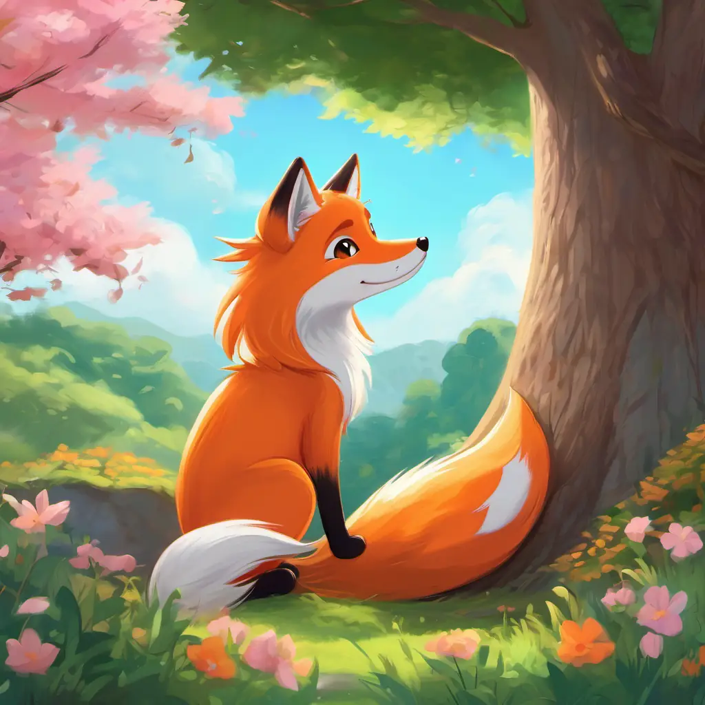 A friendly orange fox with a big bushy tail pops out from behind a tree. He invites Curious girl, long brown hair, bright eyes, pink dress, happy and Gray furry cat, soft green eyes, purring and playful to play with him, and his warm smile makes them feel happy and excited.