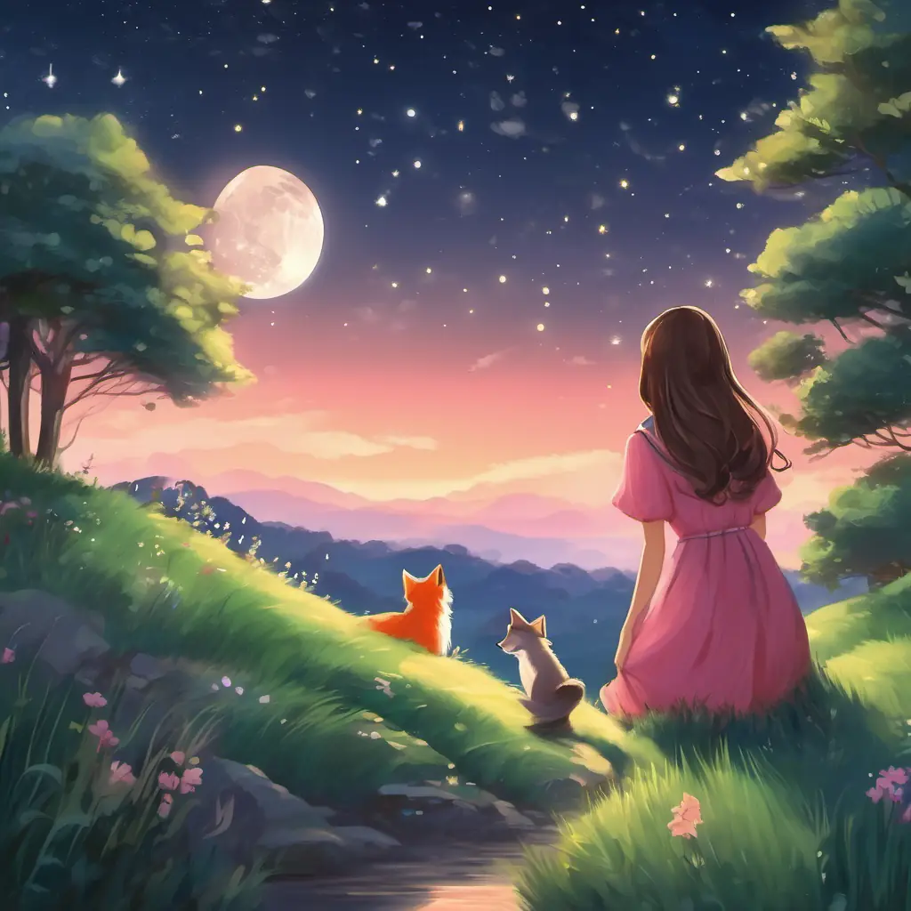 The stars twinkle in the night sky, and the moon shines brightly above them. Curious girl, long brown hair, bright eyes, pink dress, happy, Gray furry cat, soft green eyes, purring and playful, and the fox wave goodbye, feeling tired from their adventure. It's time to go back home and say goodnight.