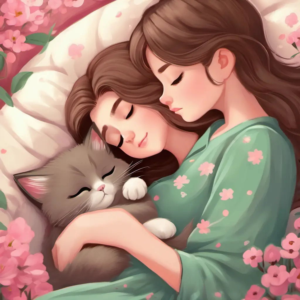 Curious girl, long brown hair, bright eyes, pink dress, happy and Gray furry cat, soft green eyes, purring and playful cuddle up together in bed, closing their eyes and falling asleep. In their dreams, they remember their fun and playful adventure in the forest, feeling happy and content.