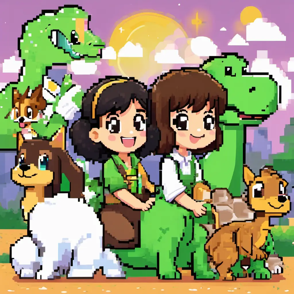 Lily - curly brown hair, bright green eyes, always smiling, Adrijana - straight black hair, sparkly brown eyes, full of giggles, Daisy the dinosaur - small and green with big brown eyes, playful and friendly, and Sky the dog - fluffy white fur, wagging tail, and a happy face waving at the readers, ready for more adventures.