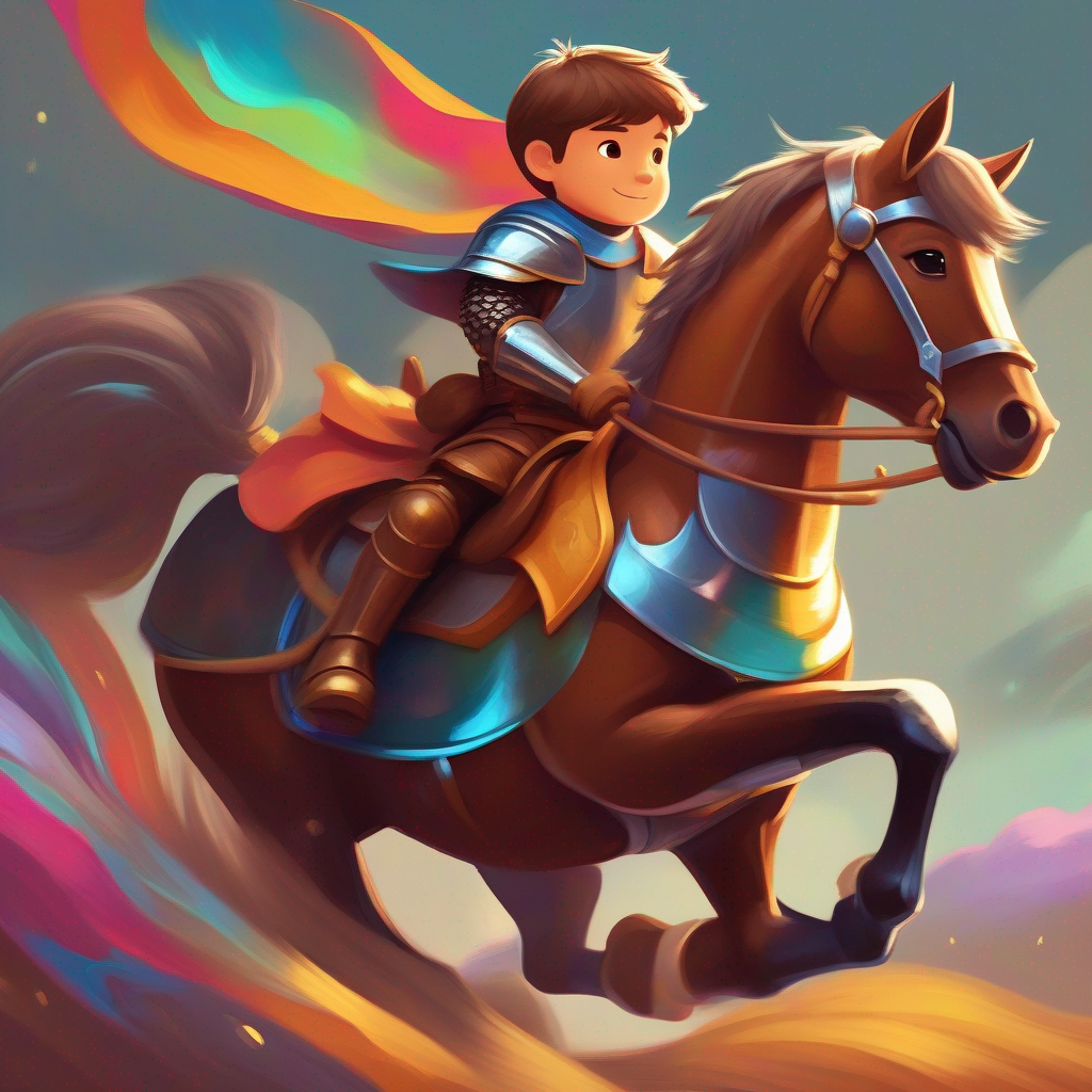 Knight Knight Lucas with colorful armor and a shiny sword. riding a brown horse named Knight Lucas riding a brown horse named Thunder..