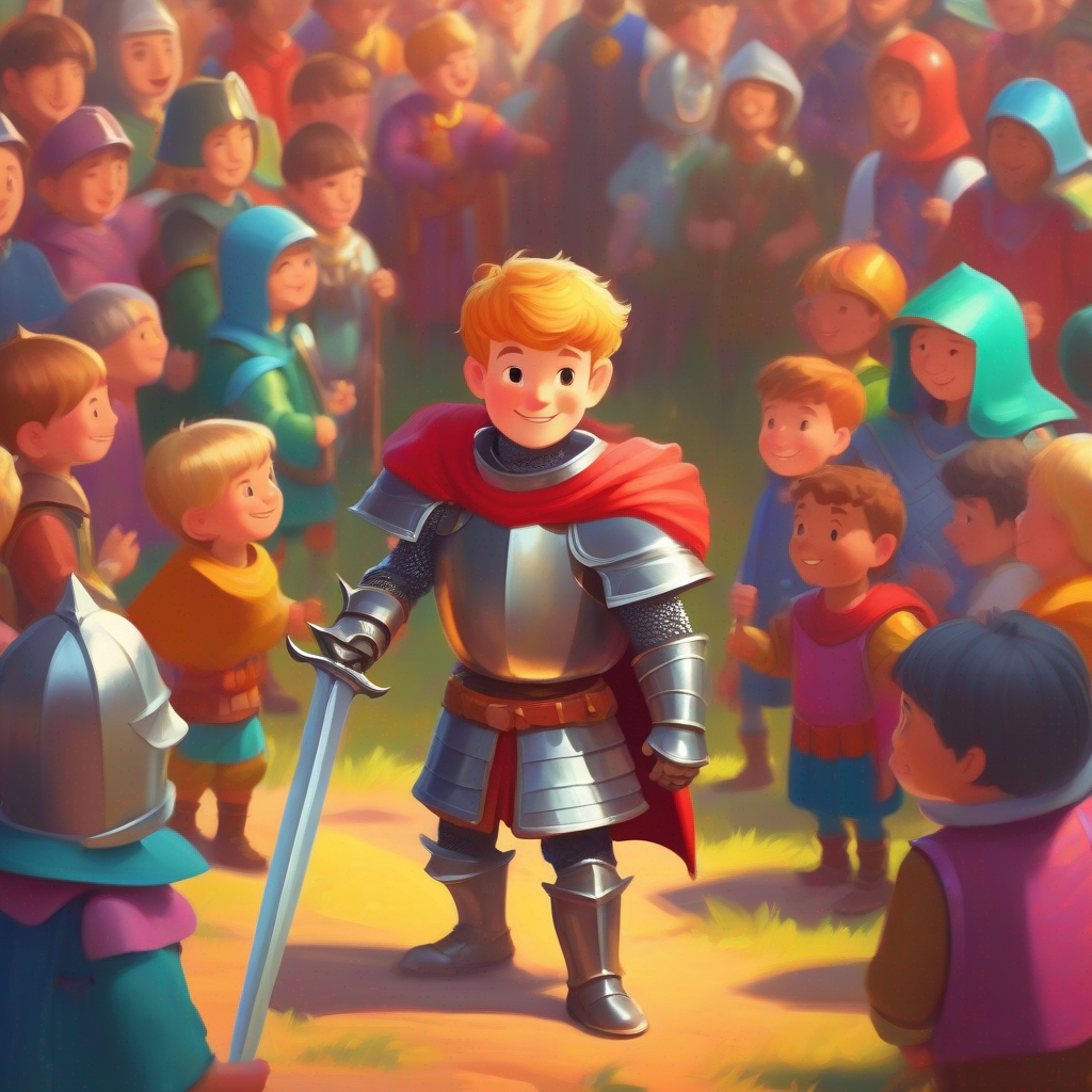 Knight Knight Lucas with colorful armor and a shiny sword. being praised by the king with happy villagers.