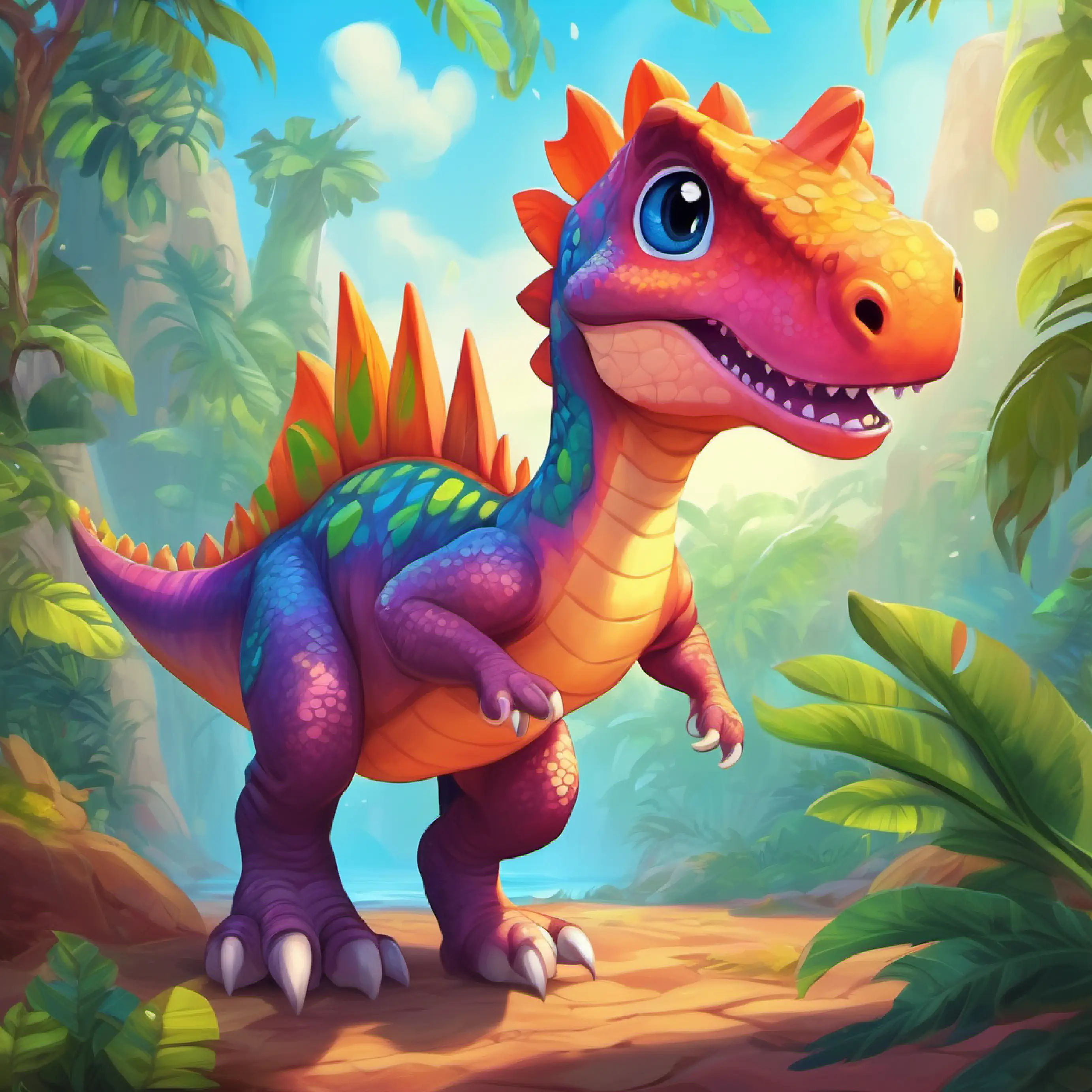 Introducing Young, playful dinosaur with bright, colorful scales and big, curious eyes in a fantasy land, setting the stage for adventure.