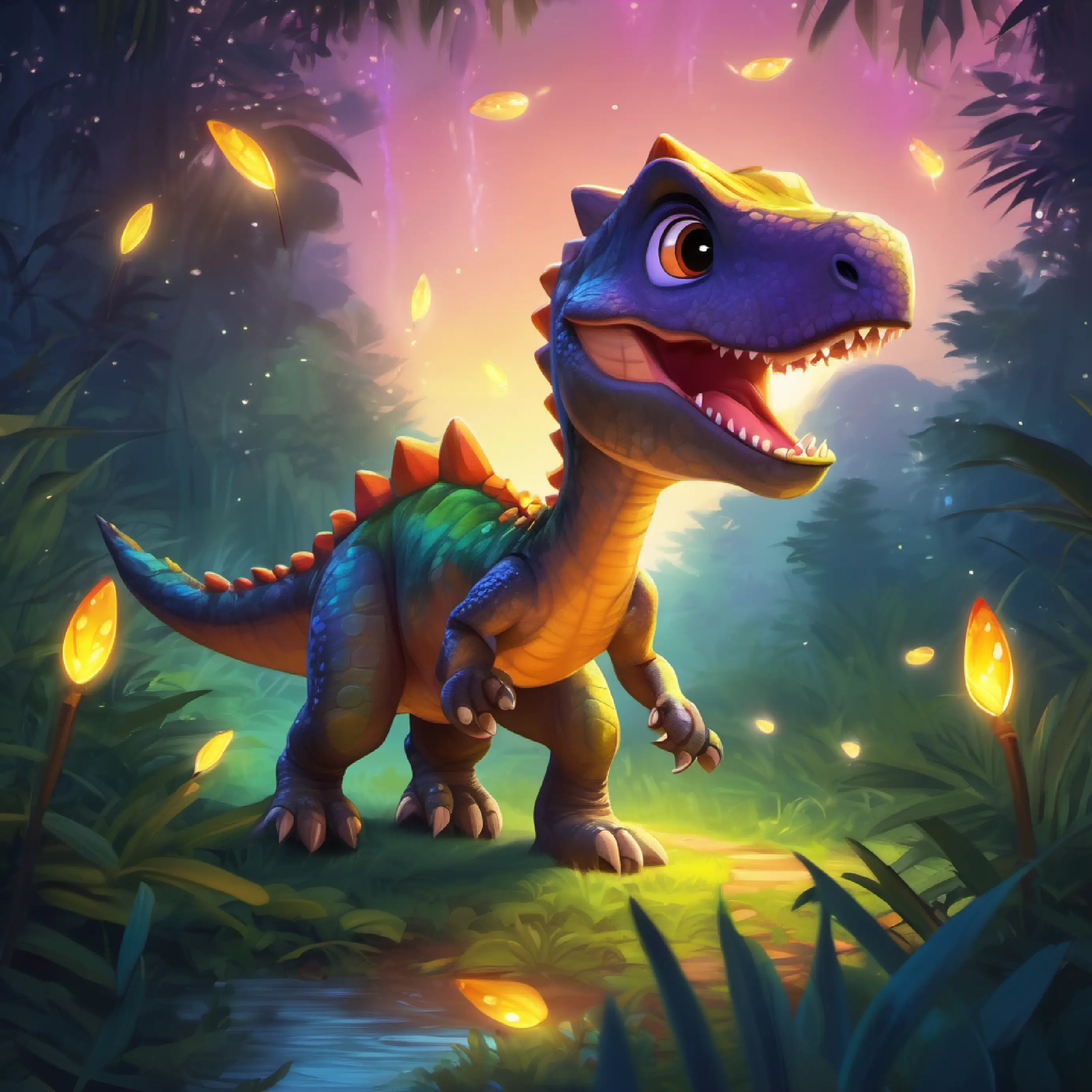 Young, playful dinosaur with bright, colorful scales and big, curious eyes finds a path, guided by fireflies, adventure begins.