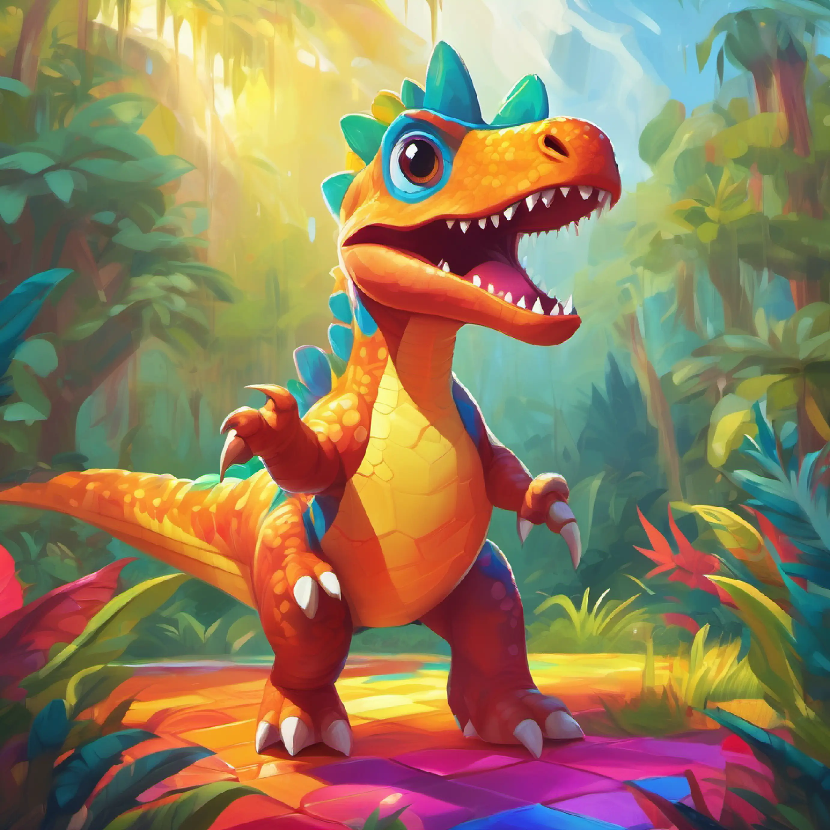 Young, playful dinosaur with bright, colorful scales and big, curious eyes discovers the bouncy dance floor in a clearing.