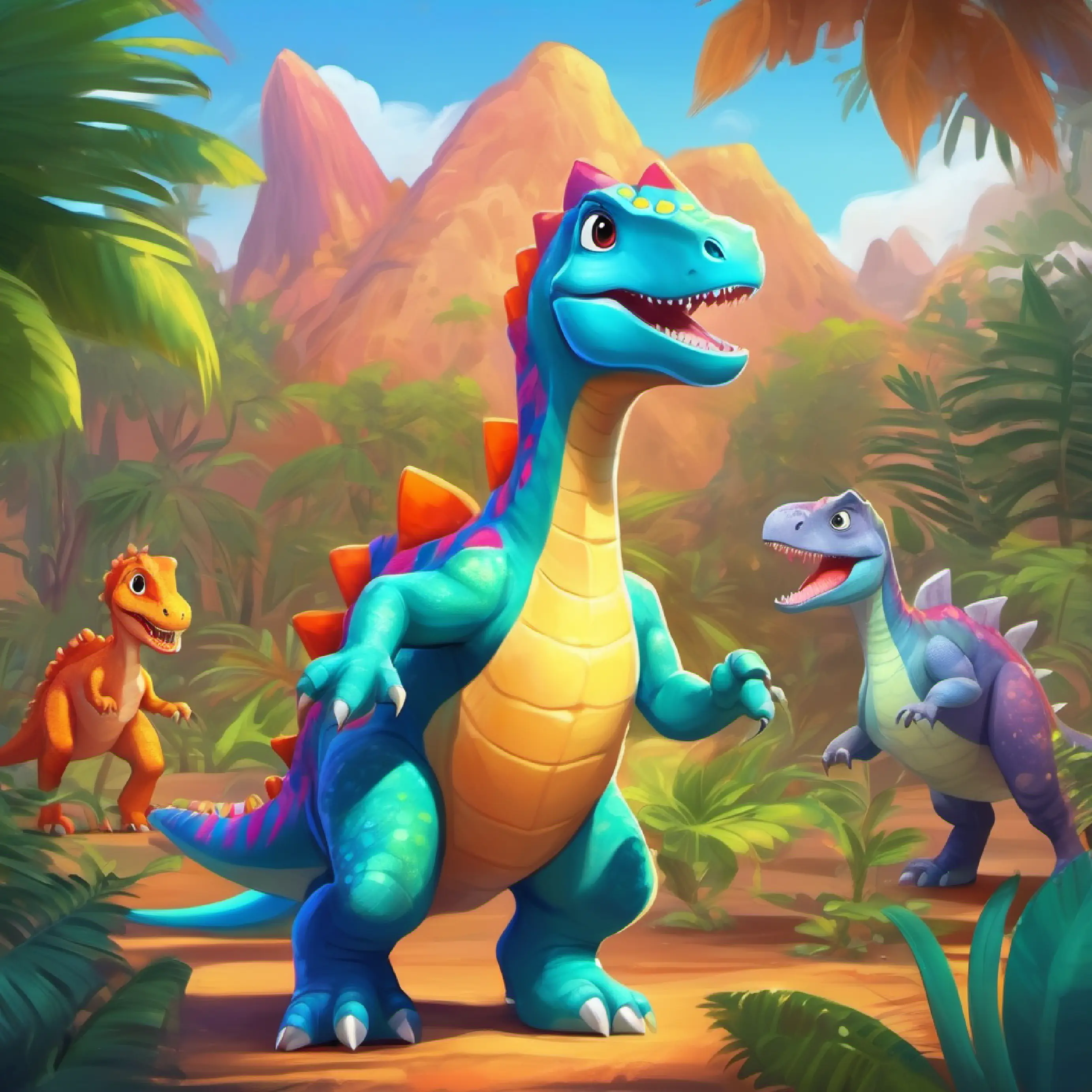 Young, playful dinosaur with bright, colorful scales and big, curious eyes meets new dino friends ready to dance.