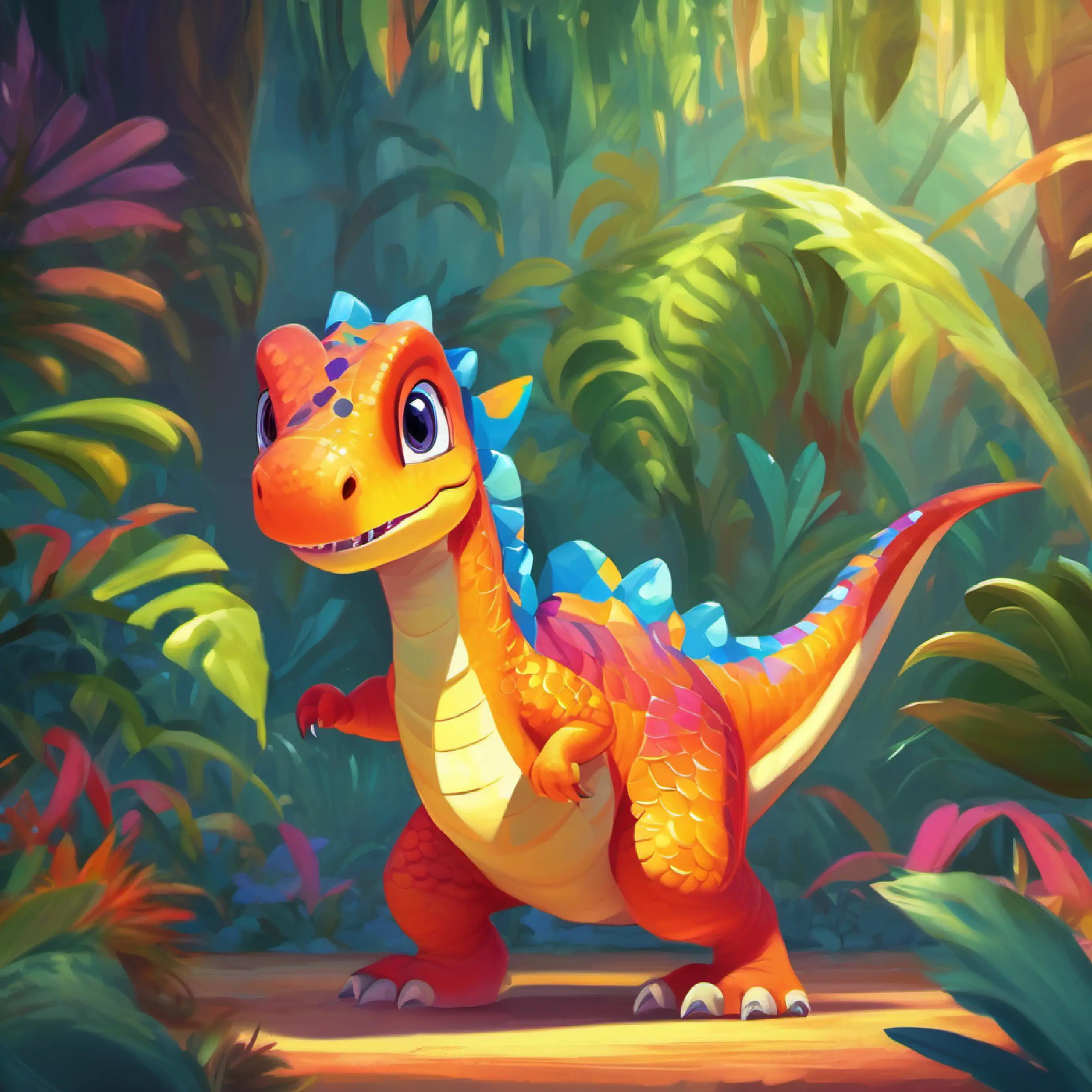 The dance begins, Young, playful dinosaur with bright, colorful scales and big, curious eyes and friends show their moves.