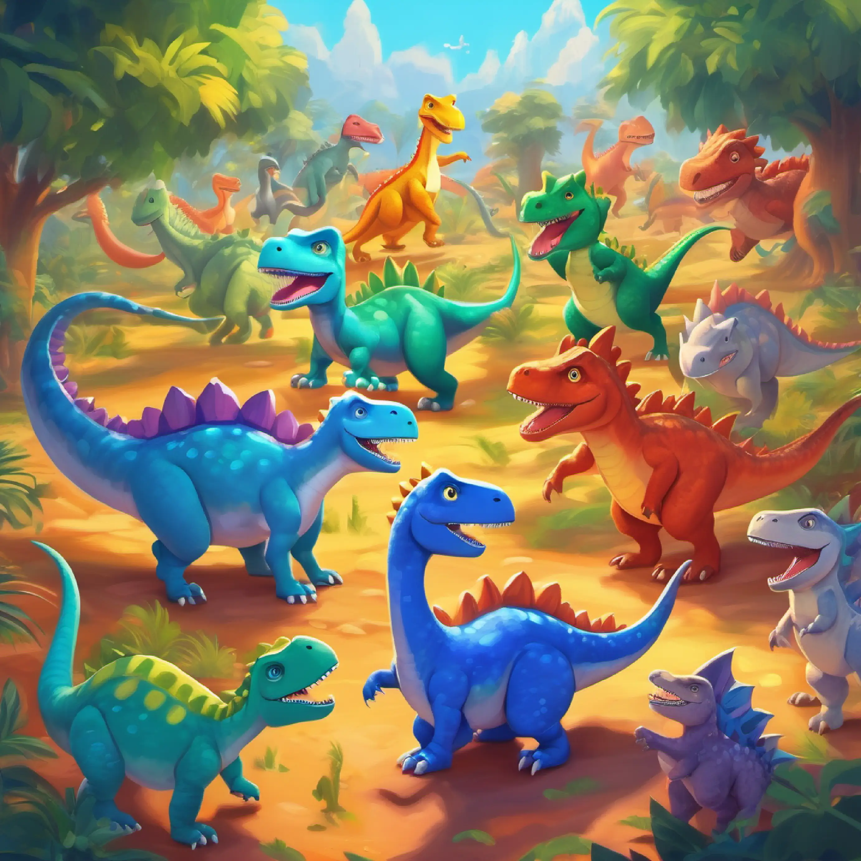 Many dinos join the dance, making it a big, fun party.