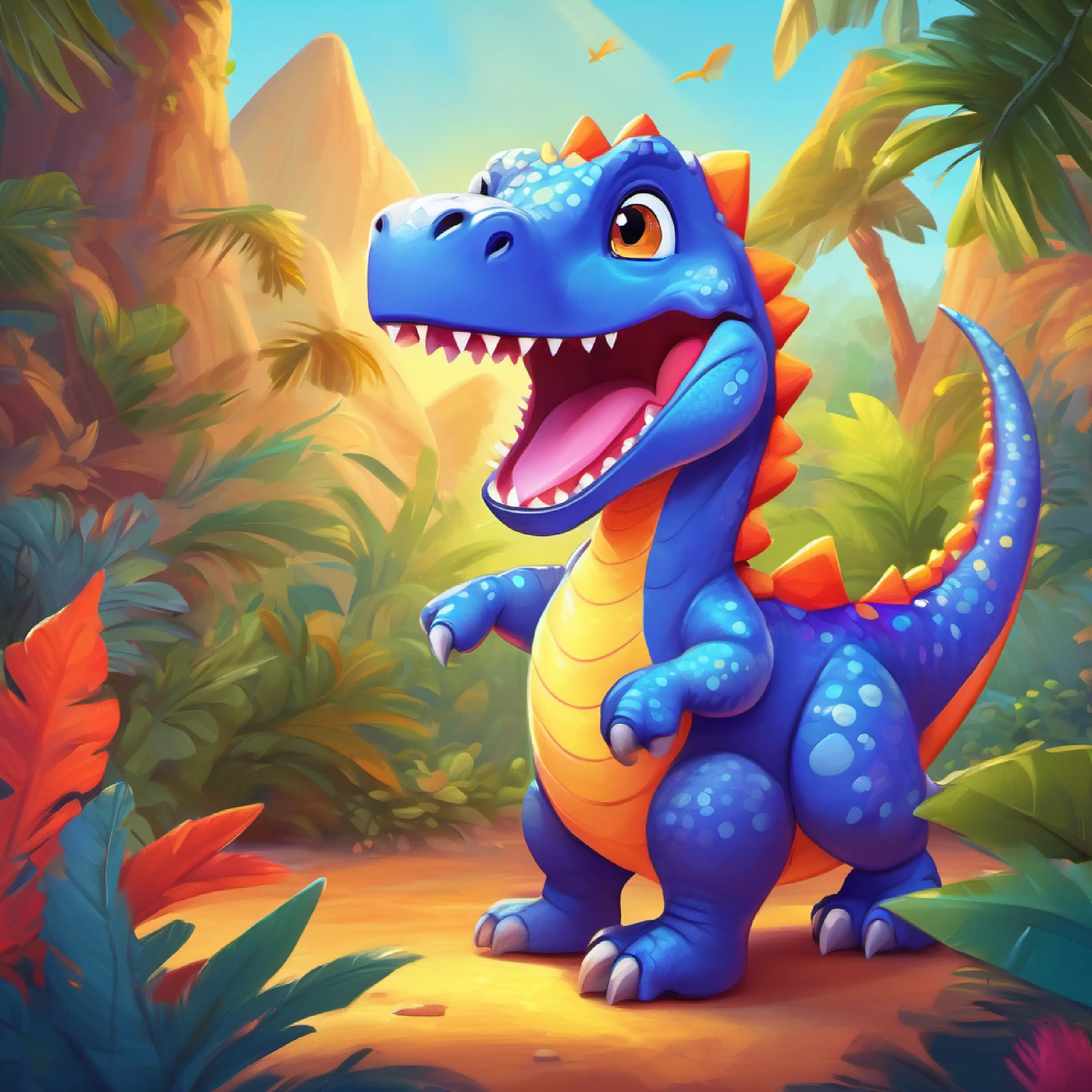 Young, playful dinosaur with bright, colorful scales and big, curious eyes learns the joy of dancing with friends, ending the night.