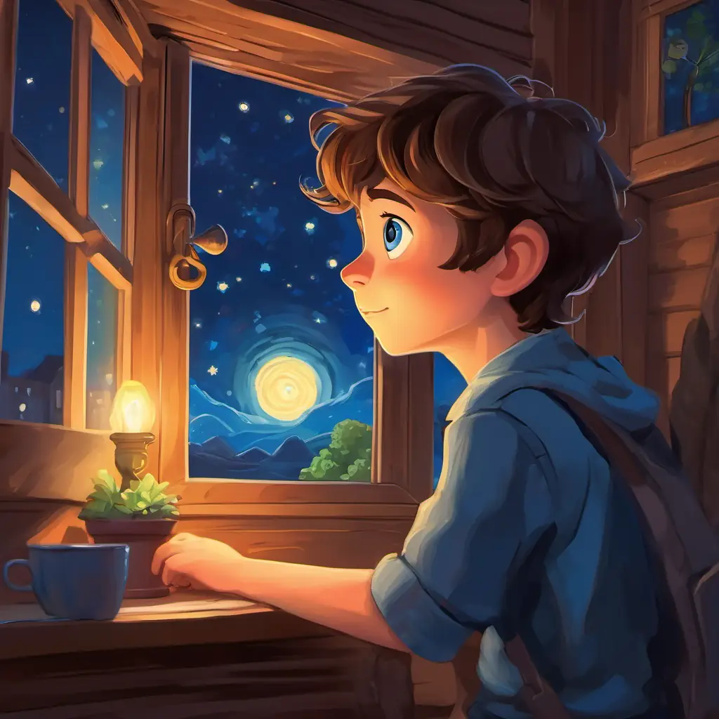 Timmy is a curious boy with brown hair and bright blue eyes in his cozy bedroom, looking out of the window at the starry night sky with a hopeful expression on his face.