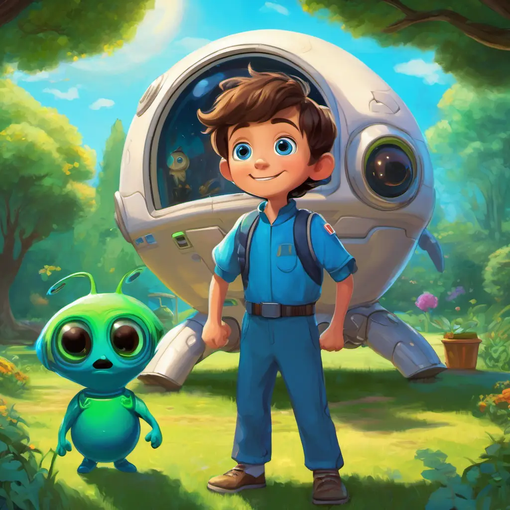 Timmy is a curious boy with brown hair and bright blue eyes standing in the backyard, amazed, as Zippy is a friendly alien with green skin, big round eyes, and four arms the alien comes out of the space pod, both smiling and waving at each other.