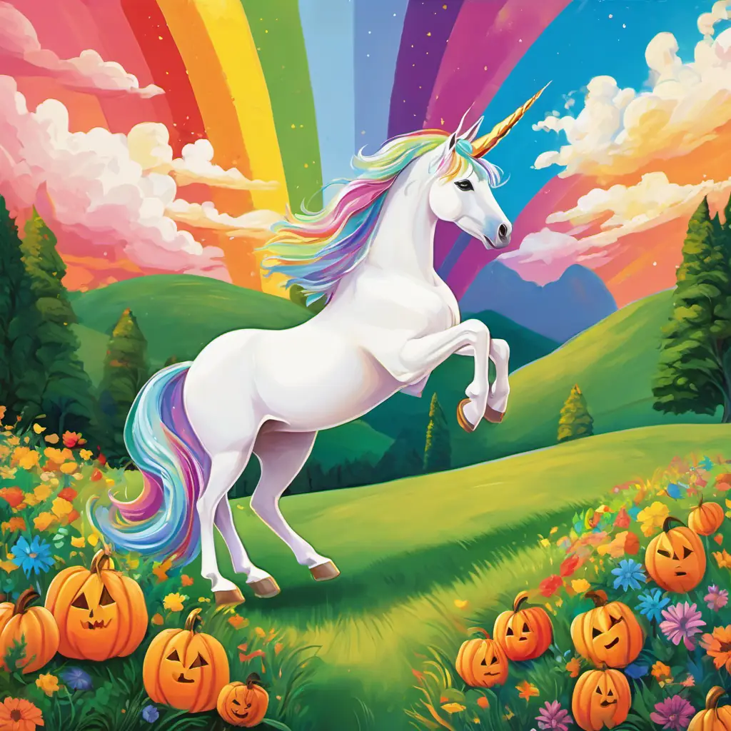 The rainbow named Vibrant-colored rainbow with an arched shape has vibrant colors in an arched shape, while the unicorn named Shimmering white unicorn with a golden horn has a shimmering white coat and a majestic golden horn. They are surrounded by a lush green meadow.