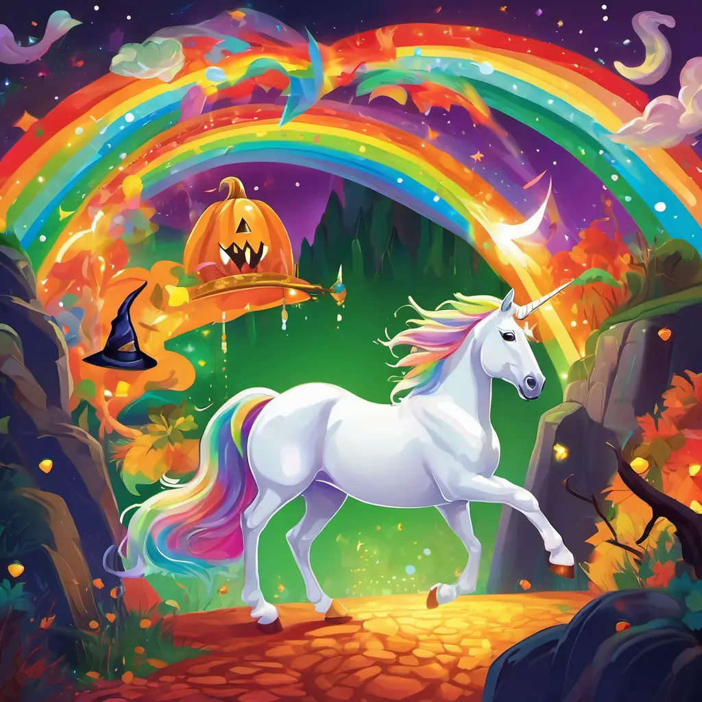 Vibrant-colored rainbow with an arched shape, Shimmering white unicorn with a golden horn, and Mischievous leprechaun with a green hat and red beard happily walk out of the cave, witnessing the colorful lights of the crystal casting its spell across the land.