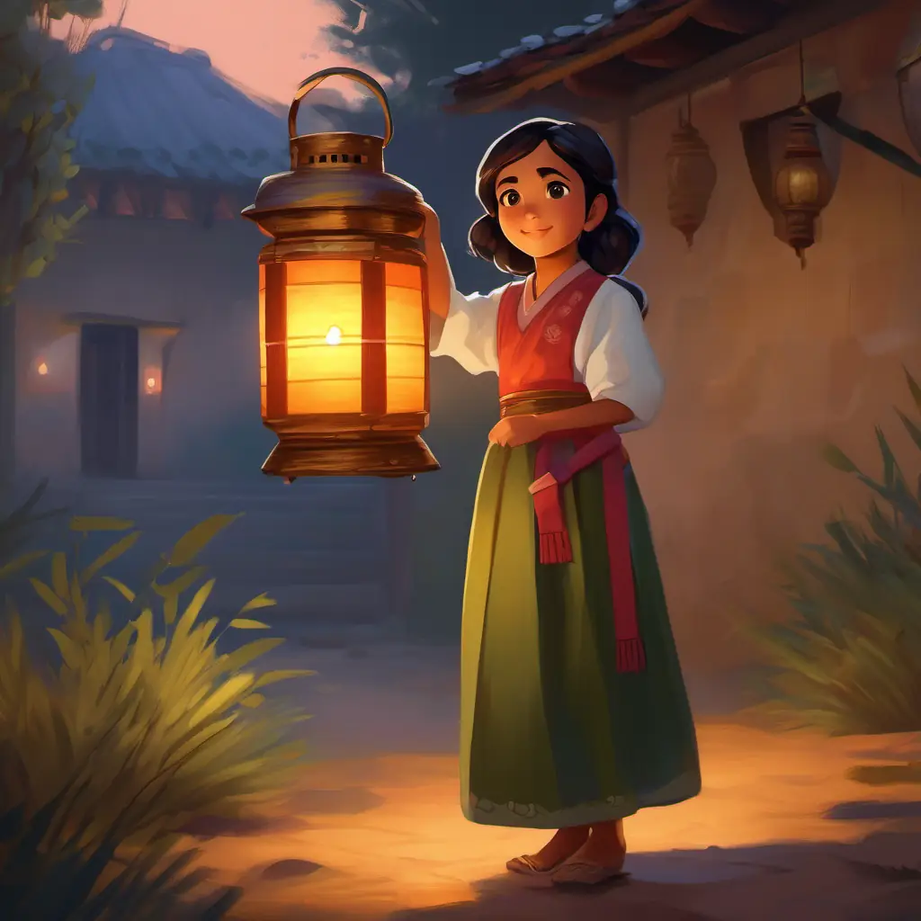 Young girl, olive skin, dark eyes, wearing a traditional dress holding her self-painted lantern.