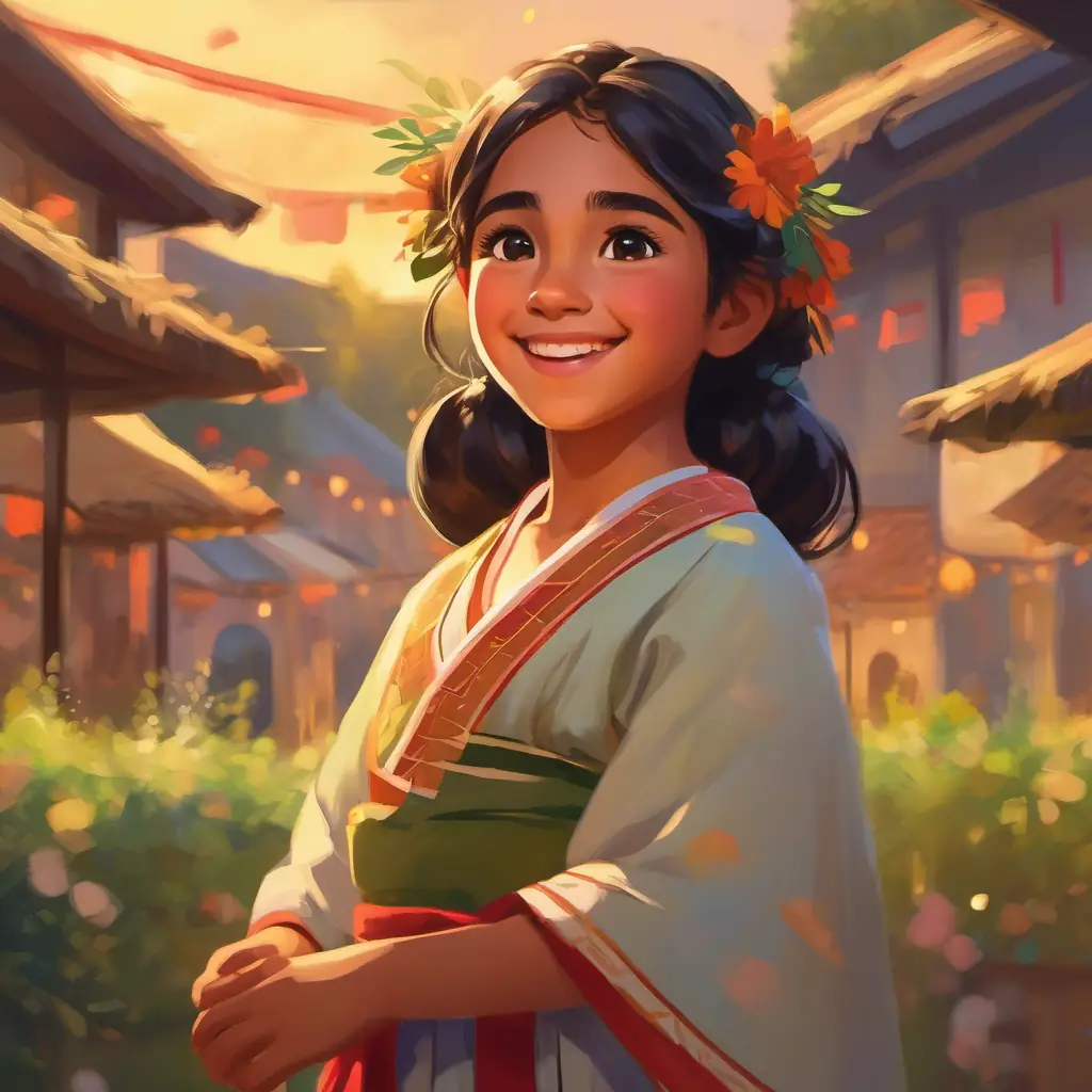 Conclusion, Young girl, olive skin, dark eyes, wearing a traditional dress feels the joy of the festival.